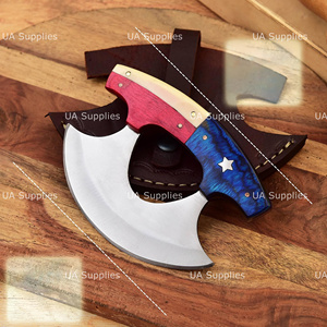 Texas Flag Ulu Chef <b>Knife</b> Damascus Steel Blade Wood <b>Handle</b> Leather Sheath Industrial Novelty Ambidextrous Polished Finish - Product Image 6