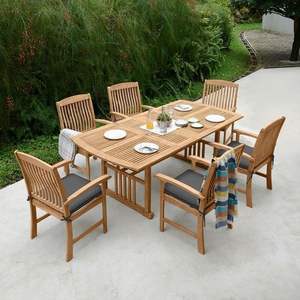Conjunto de Mesa de Comedor de Jardín Clásico de Madera de Teca Maciza con Seis Sillas Disponidas en una Elegante Área de Patio Exterior - Product Image 1