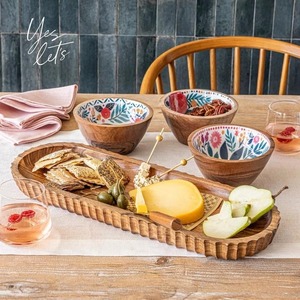 Plateau de service ovale en bois avec 3 bols en émail floral, assiette à dessert en bois sculpté pour mariage, Ramadan, Diwali, décoration - Product Image 4