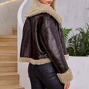 เสื้อแจ็คเก็ตหนังเทียมสำหรับผู้หญิง บุขนเทียมนุ่ม อุ่นสบายสำหรับฤดูหนาว ซิปด้านหน้า สไตล์นักขี่มอเตอร์ไซค์ ให้ความอบอุ่นและสบาย - Product Image 5