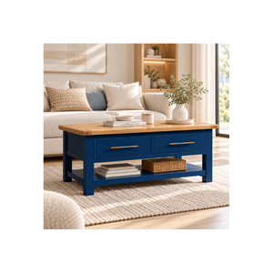 Table basse en bois CASCAIS Collection, finition bleu marine moderne avec plateau en chêne naturel, 2 tiroirs, pour salon. - Product Image 1