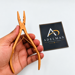 Pince à extensions de cheveux en acier inoxydable de qualité supérieure, professionnelle, personnalisée, orange mat, 7 pouces de long, deux trous, micro-perles. - Product Image 2