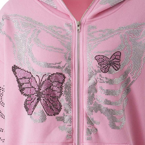 Sweat à capuche rose surdimensionné avec fermeture éclair intégrale, style streetwear Y2K, squelette en strass, gothique, punk, Harajuku, unisexe - Product Image 5