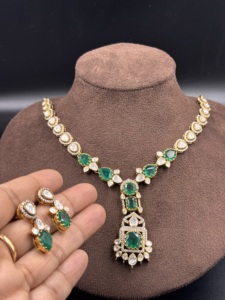 Amaira Jewels Brass Green Doublet Pendant Sets CZ Polki Handmade Ethnic Women's Jewelry Cut Engagement <b>Statement</b> <b>Necklace</b> Set - Product Image 1