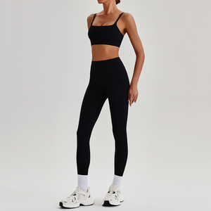 Black High Waist Seamless Yoga Set V-neck Strap Drawstring Closure 3-Piece Breathable <b>Crop</b> <b>Top</b> <b>Shorts</b> 100% Polyester - Product Image 1
