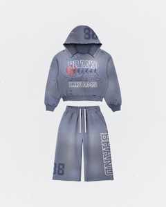 Wholesale Price 100% Cotton <b>Men</b>’s Vintage Washed Grey Hoodie & <b>Shorts</b> 2-Piece Tracksuit Set – Casual Streetwear Matching Outfit1 - Product Image 4