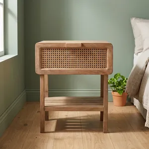 Solid Wood Rattan Cane Handwoven One Drawer Bedside <b>Table</b> Square Nightstand Bedroom <b>Storage</b> <b>Side</b> <b>Table</b> Farmhouse Home Furniture - Product Image 6