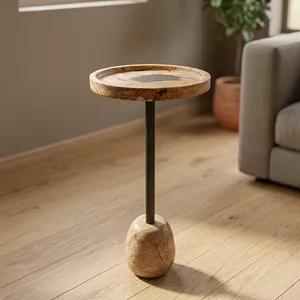 Modern <b>Round</b> Wooden Top <b>Side</b> <b>Table</b> with Marble Base and <b>Black</b> Metal Pedestal Contemporary Accent Furniture for Living Room Decor - Product Image 5