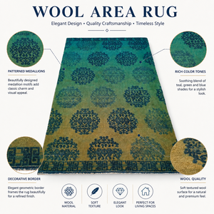 Tapis artisanal en laine vert sarcelle et bleu à motif médaillon, tapis décoratif pour salon - Product Image 6