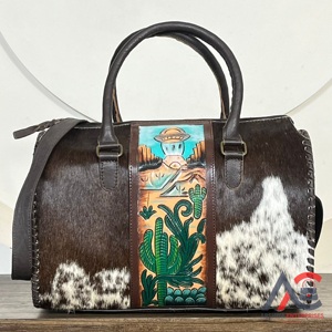 Handcrafted <b>Tooled</b> Genuine Cowhide <b>Leather</b> Large Speedy Bags Luxury Western Designer Crossbody Weekender Travel Duffel Bags - Product Image 1