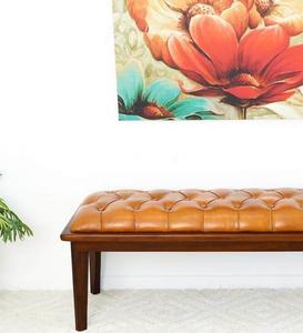 Banc en cuir marron clair et bois de teck fabriqué en Inde pour entrée et chambre, banc d'appoint en cuir marron clair et bois pour couloir, vente en gros - Product Image 2