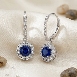 Boucles d'oreilles pendantes en saphir bleu avec halo de diamants, crochets d'oreilles en argent, pour cadeau - Product Image 1