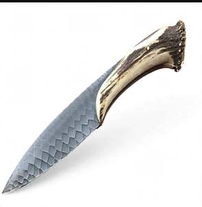 Couteau utilitaire d'extérieur artisanal en acier forgé au carbone, motif écaille de dragon, manche en corne de cerf, outil de travail manuel - Product Image 1