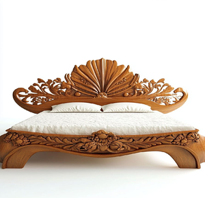 Tête de lit unique inspirée des coquillages, avec des sculptures ondulées fluides dans un ton bois miel chaud. Disponible aux prix de gros. - Product Image 1