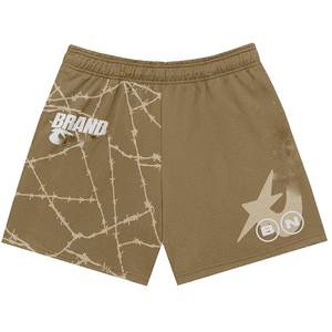 Women <b>Mesh</b> Shorts 160 GSM Breathable Polyester Fabric Brown Graphic Print Panel Design Custom <b>Screen</b> Print Logo women's shorts - Product Image 1