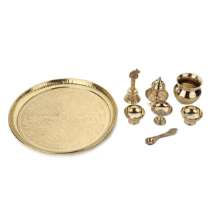 Ensemble de 8 plateaux de prière (Thali) en laiton pur, faits à la main, de 10 pouces, avec accessoires traditionnels pour les festivals et le temple à domicile - Product Image 5