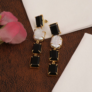 Black Onyx Pearl Trendy Brass <b>Drop</b> Earrings Natural Gemstone 18K Gold Plated Statement Jewelry Wholesale - Product Image 3
