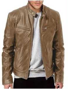 <b>Men's</b> Genuine <b>Leather</b> Waterproof Moto <b>Jacket</b> Stand Collar Zipper Closure Slim Fit Autumn Style Solid Color Finished Front Logo - Product Image 2