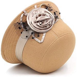 Chapeau Fedora en laine pour femmes, beige, avec fleur en soie et ruban, style européen, accessoire décontracté printemps-été - Product Image 5