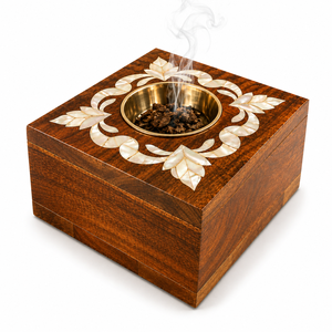 Quemador de incienso árabe Mabkhara con incrustaciones de MOP de madera, cuenco decorativo para incienso, para aromaterapia, fragancia para el hogar, Ramadán y Eid, Mubkhar - Product Image 1