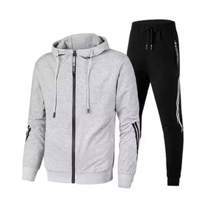 Custom Mens Athletic Two Stripe Red Full <b>Zip</b> <b>Hooded</b> Tracksuit Wholesale 2 Piece Fleece Sweatsuit Jogger Set - Product Image 5