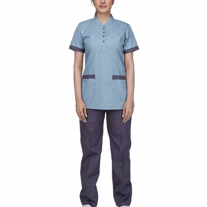 Women's Light Blue <b>Scrub</b> <b>Top</b> with Dark Gray Trim and Matching Pants Hospital Uniform Set Cotton Polyester Woven Fabric - Product Image 4