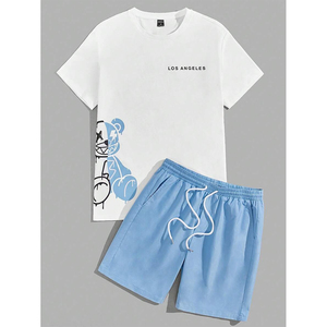Ensemble décontracté d'été pour homme : T-shirt blanc en coton respirant imprimé et short bleu clair, col rond, tricoté, couleur unie - Product Image 6