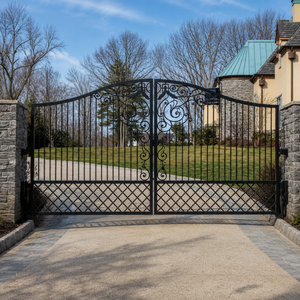 Portail d'entrée de luxe en fer forgé noir, à double battant, avec pointe ornementale, pour la sécurité de villas et maisons - Product Image 2