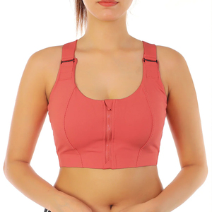 Soutien-gorge de sport pour femme en or rose avec fermeture éclair avant, bretelles réglables, col rond, maintien moyen, respirant, sans coutures, uni - Product Image 1