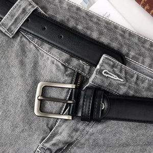 Cinturón Casual de Cuero Genuino Negro, Hebilla de Color Sólido, Rectangular Plateada, Duradero, 3.5 cm de Ancho, 110 cm de Largo, Estampado - Product Image 5