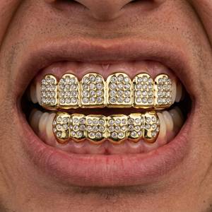 Grillz dentaire complet plaqué or 18 carats, style Hip Hop, entièrement serti de moissanite, ensemble supérieur et inférieur, pour fêtes et cosplay - Product Image 1