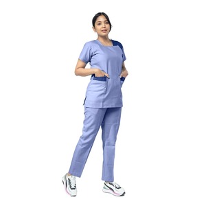 Women's Blue <b>Scrub</b> Set Short Sleeve Top With Pockets Hospital Uniform Woven Cotton Polyester Blend - Product Image 2