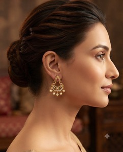Boucles d'oreilles pendantes de style temple traditionnel d'Inde du Sud, avec diamants américains et perles, pour tenues ethniques, fabriquées par des fabricants. - Product Image 6