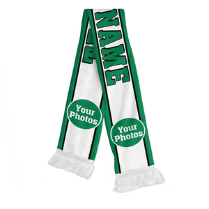 Écharpe de sport verte et blanche personnalisée avec nom et photo, accessoire pour supporter, longue, légère, imprimée sur mesure, écharpe de football - Product Image 1