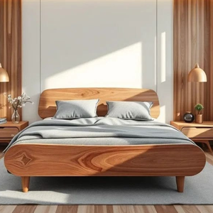 Cama Doble Minimalista Contemporánea de Madera de Teca Sólida, Muebles Elegantes para Recámara Principal, Estructura de Cama de Madera de Teca con Acabado Natural de Alta Gama - Product Image 1