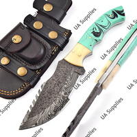 Couteau de chasse, de camping et de survie à lame fixe en acier Damas martelé, pointe clip, manche en résine et os de chameau, tranchant comme un rasoir, DIY OEM