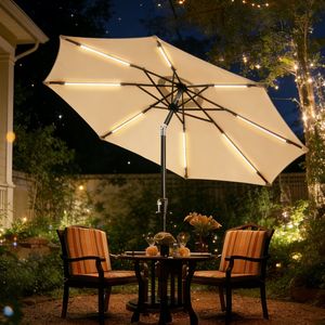 Sombrilla Solar para Patio de 9 Pies con Luces LED y Sistema de Elevación Manual para Playa, Jardín, Patio y Hogar - Product Image 1