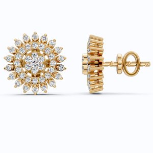 ต่างหูทองคำ 10KT สีเหลือง รูปทรงดอกไม้ประดับเพชรแบบ Sunburst ได้รับการรับรองจาก IGI ดีไซน์แบบกลุ่มเพชรเพาะเลี้ยง เครื่องประดับชั้นดีสำหรับงานแต่งงานและงานปาร์ตี้ - Product Image 1