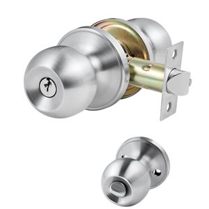 Maniglia per Porta d'Ingresso in Nichel Satinato con Pomello a Sfera, Tutto in Metallo, Ottone e Ferro, Maniglie per Porte Esterne con Blocco a Girello Interno - Product Image 1