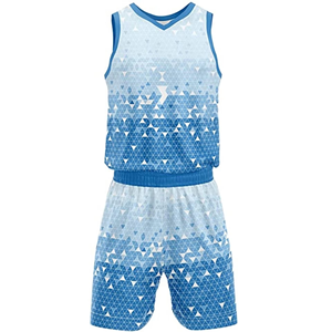 Ensemble de maillots de basket-ball personnalisés par sublimation, imprimé géométrique bleu, évacuation de l'humidité, vêtements de sport unisexes pour adultes - Product Image 2
