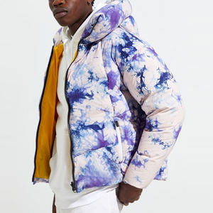 Men's Tie Dye Puffer Jacket Hooded Zipper Closure Windproof Winter Casual Thick Polyester <b>Coat</b> Regular Fit Custom Men's Jacket - Product Image 4