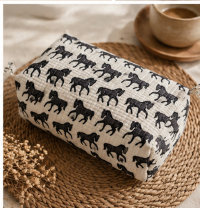 Bolsa de Maquillaje Acolchada de Algodón con Estampado de Caballo Negro, Diseño Bohemio Indio, Bolsa de Cosméticos, Organizador de Artículos de Aseo para Viaje, Bolsa con Cierre Hecha a Mano - Product Image 6