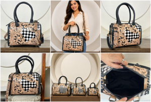 New Premium Vintage Hand Tooled Checkered Cow Leather Speedy Bag for Women's With Designer Floral Carved Pattern Shoulder Bag - Product Image 3