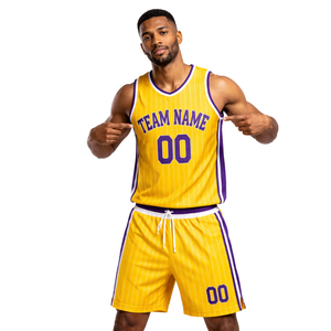 Conjunto de Uniforme de Baloncesto Retro Personalizado con Rayas Amarillas, Jersey con Borde de Cuello Blanco y Morado, Pantalones Cortos, Diseño Retro para Equipo - Product Image 1