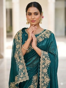 Sari de diseño con lentejuelas de seda y bordado Zari con trabajo de codificación, con blusa sin coser, color verde azulado 84550 - Product Image 3