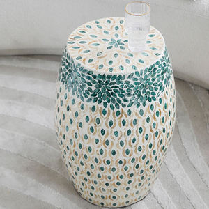Teal Crown Barrel Accent <b>Stools</b> Mother of Pearl Handcrafted Mosaic Small Side Table For Living Room Bedroom Decor Use - Product Image 3