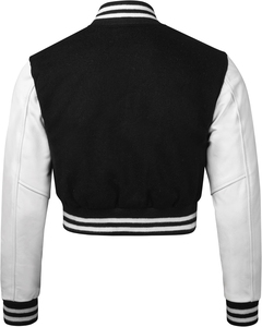 <b>Women's</b> Varsity <b>Jacket</b> Black <b>White</b> Wool Full Sleeve Stand Collar Button Closure Regular Length Winter Wear Heated Eco-Friendly - Product Image 3