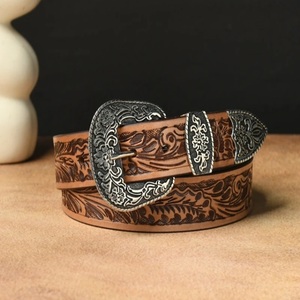 Designer Top Layer Cowhide 100% Genuine Western Leather Tooling Belt with Floral Hand Carving and Designer Cowboy <b>pin</b> Buckle - Product Image 1