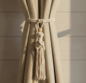 Bohemian Macrame Curtain <b>Tieback</b> – Natural Cotton Rope & Wood Bead – White Window Treatment – Nordic Living Room Decor - Product Image 1