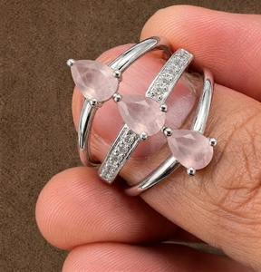 Women's Classy & Romantic Design Rhodium Plated Rose Quartz Cz Three Stone Gemstone <b>Ring</b> with <b>Silver</b> Band for Wedding & Party - Product Image 2